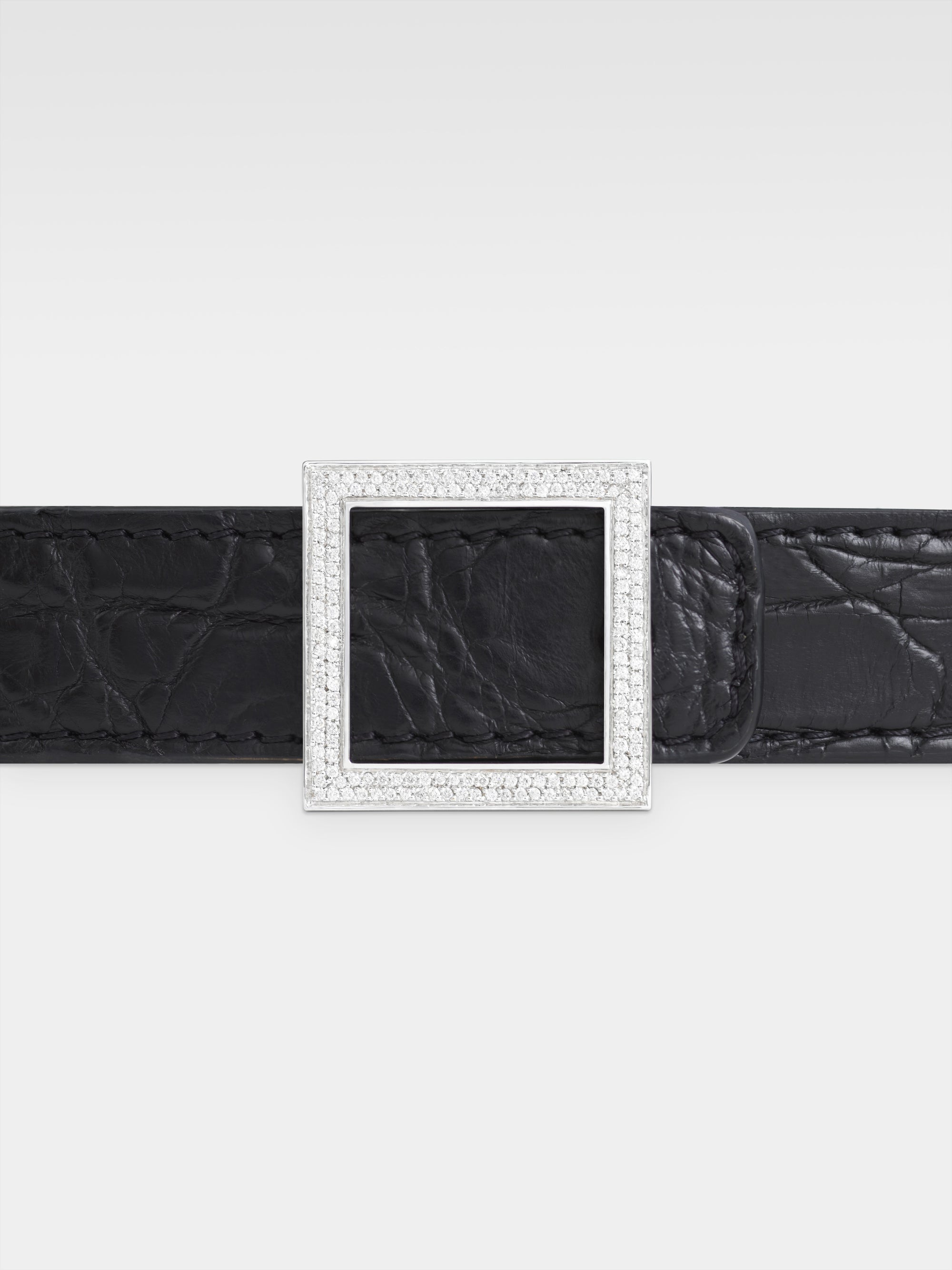 Atalanta Belt - White Gold, Diamonds, Black Caiman Leather