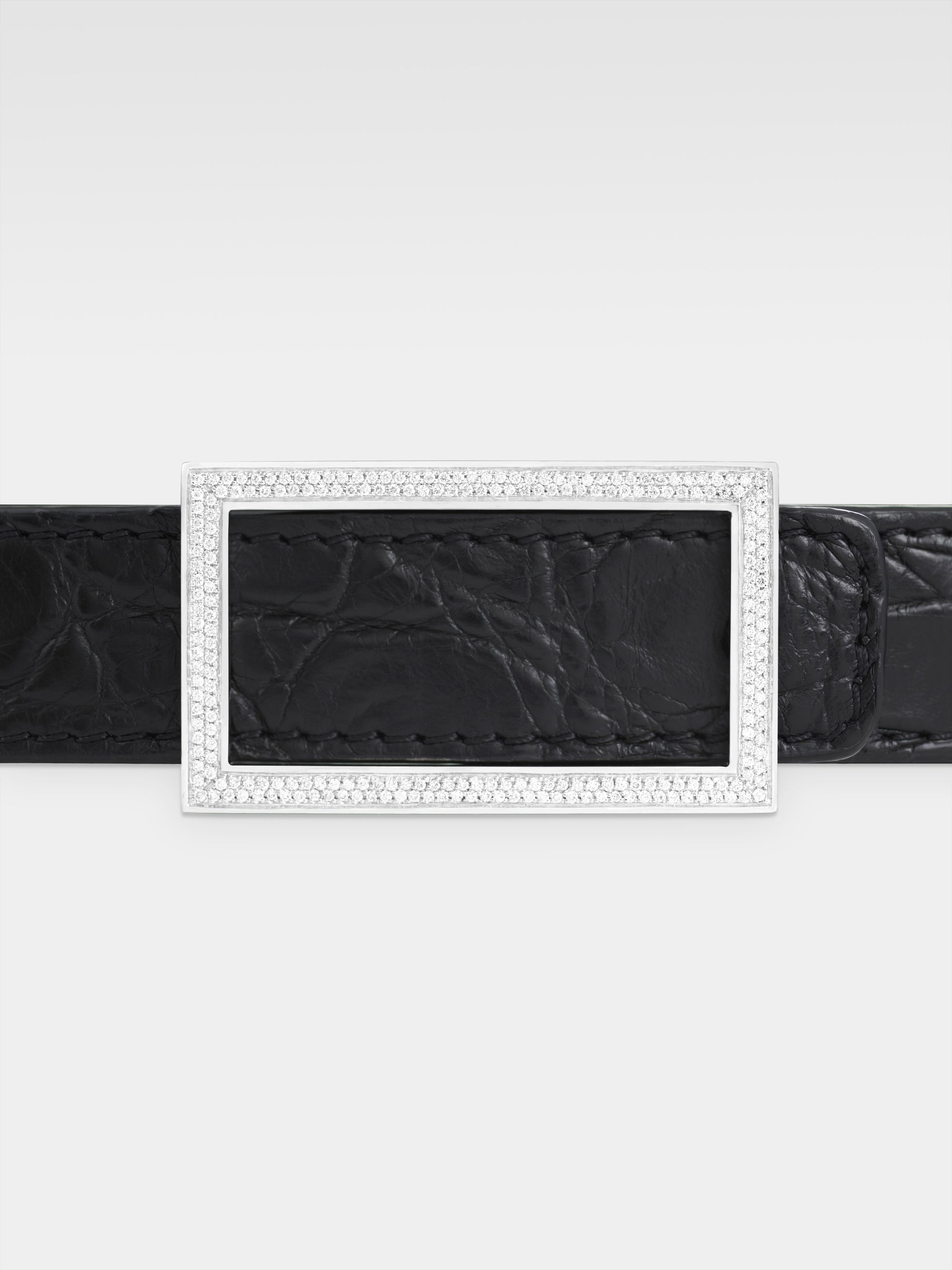 Danae Belt - White Gold, Diamonds, Black Caiman Leather